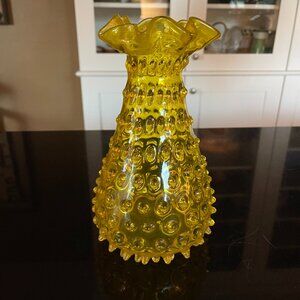 Mid Century Italian Toscany Zena Empoli GLASS Canary Vaseline  Hobnail Vase